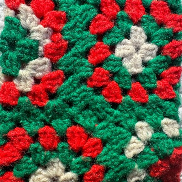 Crocheted Granny Square Red Green Off-White Christmas Stocking Handcrafted 18" - Picture 3 of 3